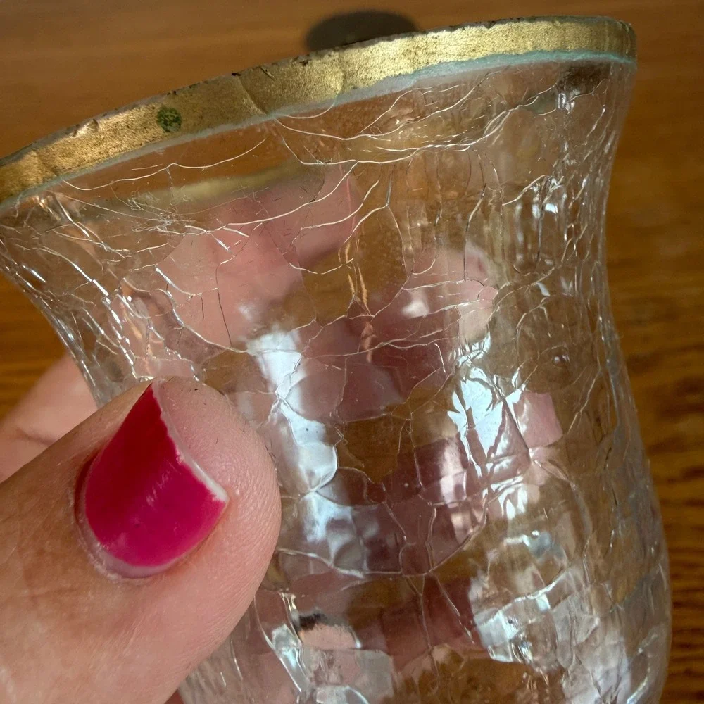 Vintage Clear Crackle Glass Footed Votive Holder Gold Rim Tripod Base